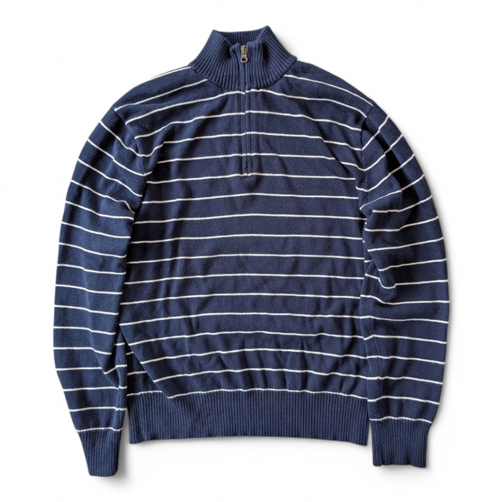 J. Crew Factory Men's Heritage Cotton Half Zip Sweater Sz L Preppy Navy Stripe